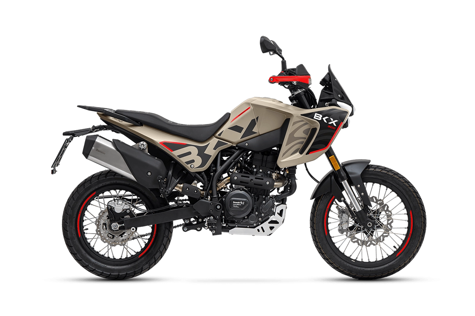 Benelli-bkx-300-dune-sea - AutoBike Beige and black Benelli BX 300 dual-sport motorcycle seen from the left side on an adventure bike profile. - AutoBike