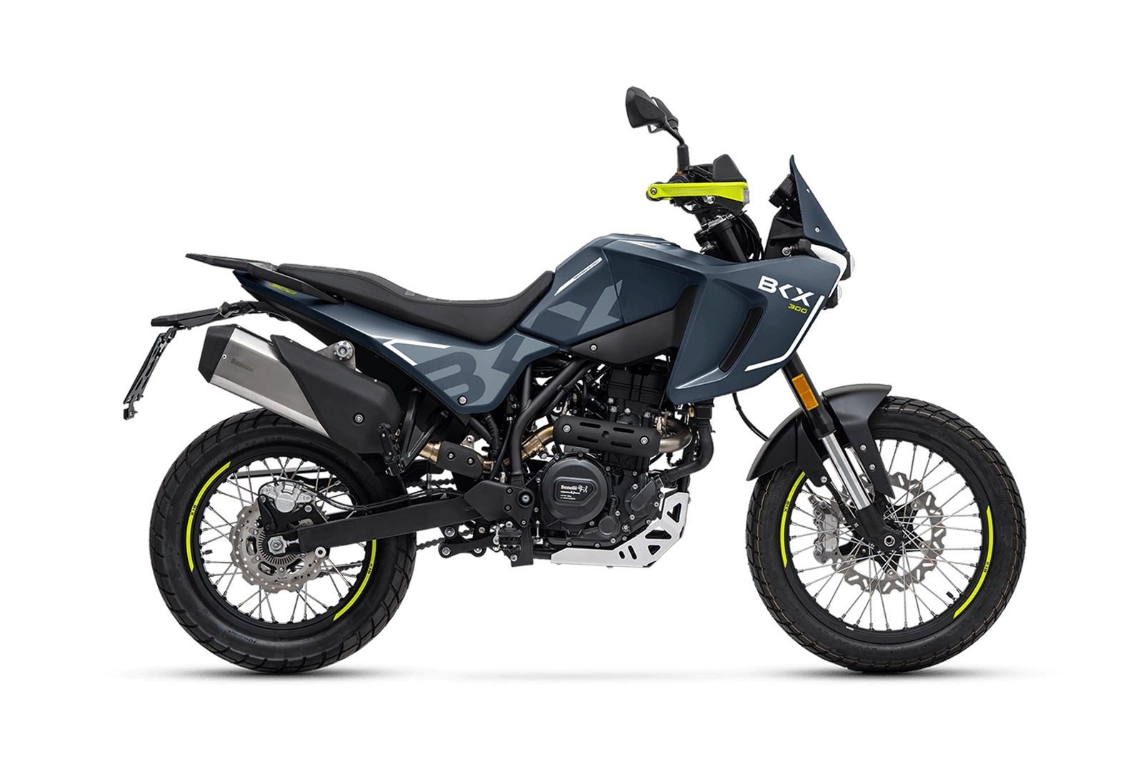 benelli-bkx-300-avio-blue - AutoBike Blue adventure motorcycle with neon yellow accents and a rugged off-road tire setup, shown in profile. - AutoBike