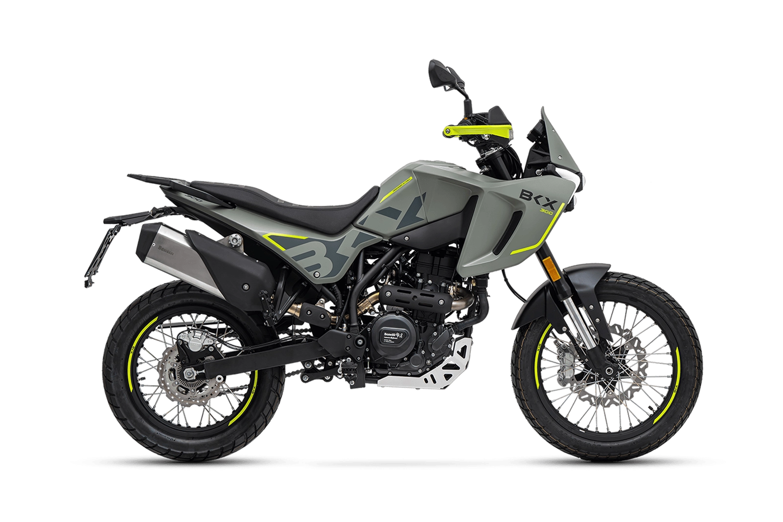 benelli-bkx-300-cement-grey - AutoBike Gray adventure motorcycle shown in side profile with neon yellow accents and rugged tires - AutoBike