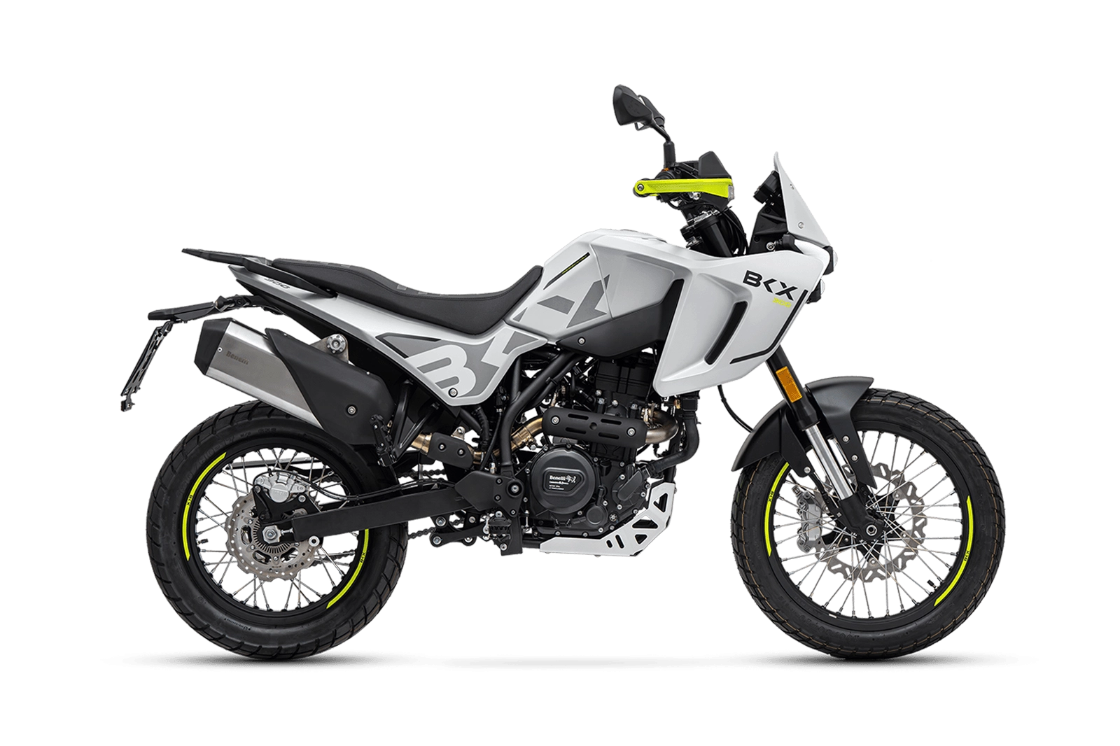 benelli-bkx-300-nordic-white - AutoBike White and gray adventure motorcycle shown in side view with neon yellow accents and off-road tires - AutoBike