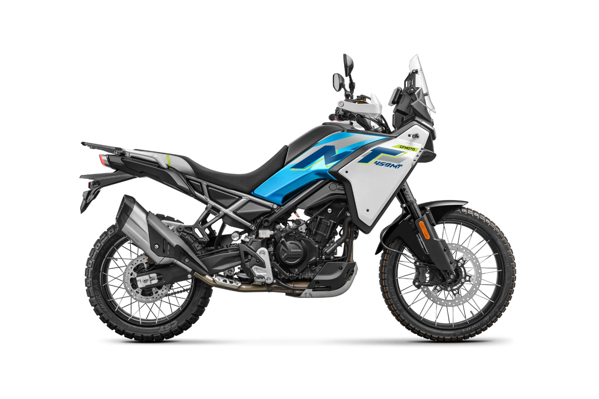 CFMOTO-450MT-moottoripyora-90-blue-2026-1 - AutoBike Dual-sport motorcycle with blue and white body graphics, knobby off-road tires, and tall windshield. - AutoBike