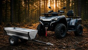 ATV with a matching trailer attached in a sunlit forest, ready for off-road hauling.