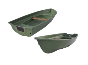 Two green rowboats with wooden oars resting inside, shown against a white background.