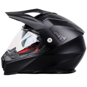 Full-face motorcycle helmet in matte black with a clear visor and built-in peak, shown in side view
