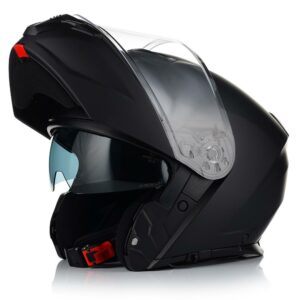 Black full-face motorcycle helmet with a clear visor and red chin strap.