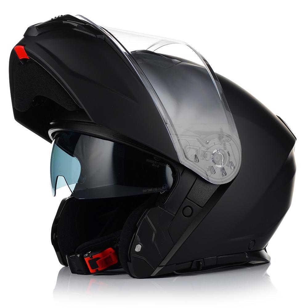 Vito flip-up prato - AutoBike Black full-face motorcycle helmet with a clear visor and red chin strap. - AutoBike