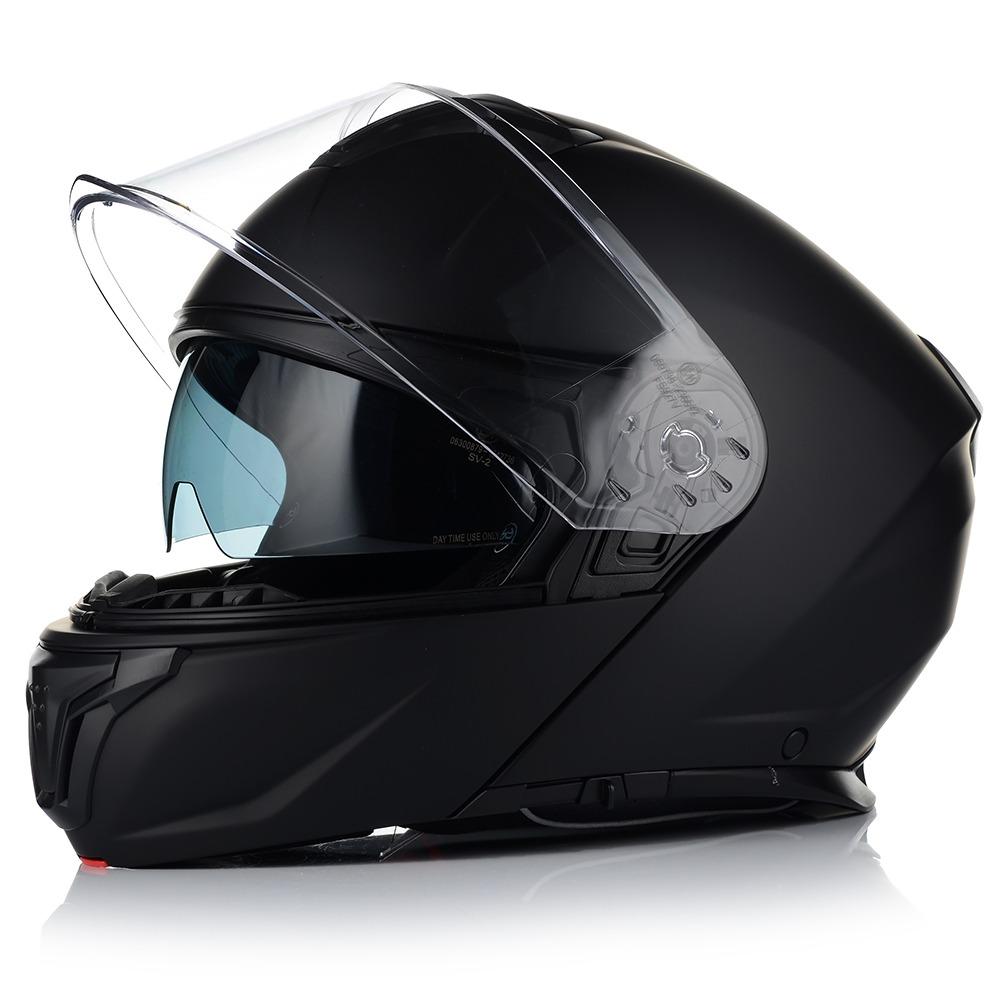 Vito flip-up prato5 - AutoBike Full-face black motorcycle helmet with a clear visor and tinted face shield, shown in profile on a white background. - AutoBike