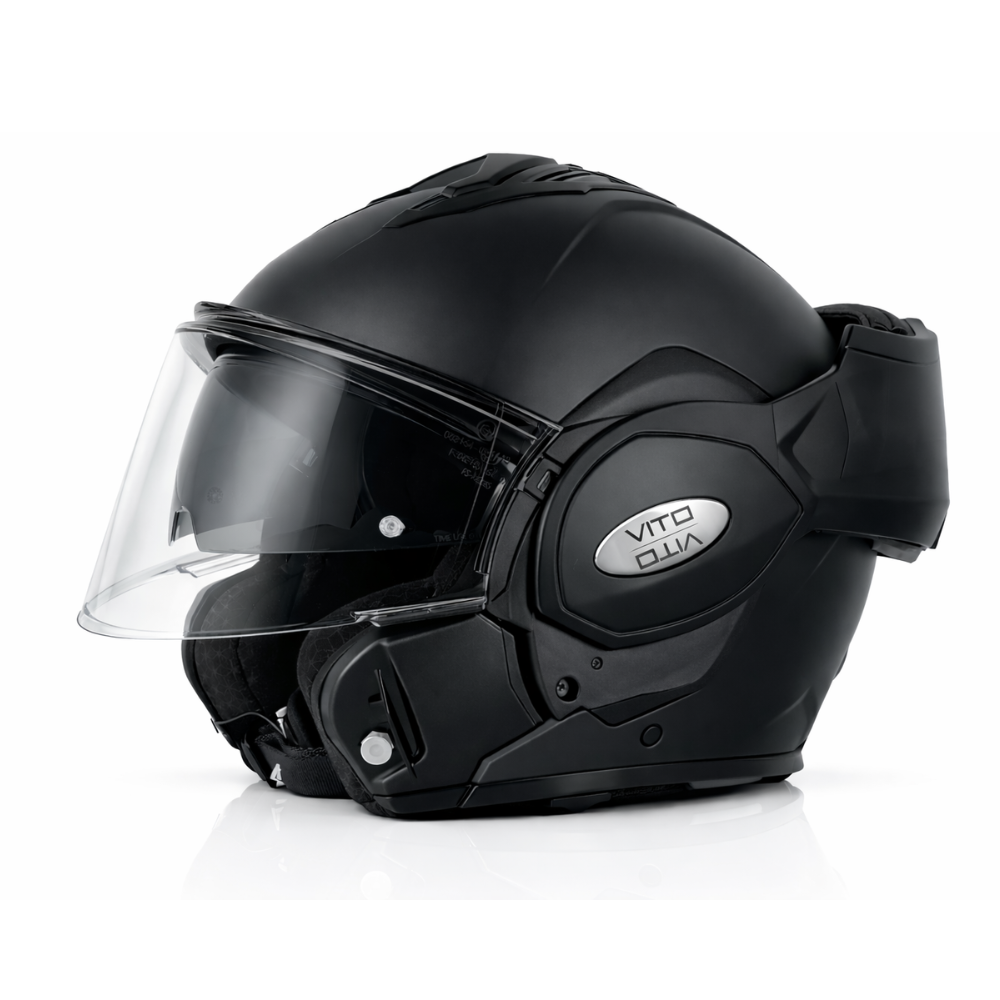 Vito flip-up reverse - AutoBike Black full-face motorcycle helmet with a clear visor and matte finish, side view showing VITO logo on the shell - AutoBike