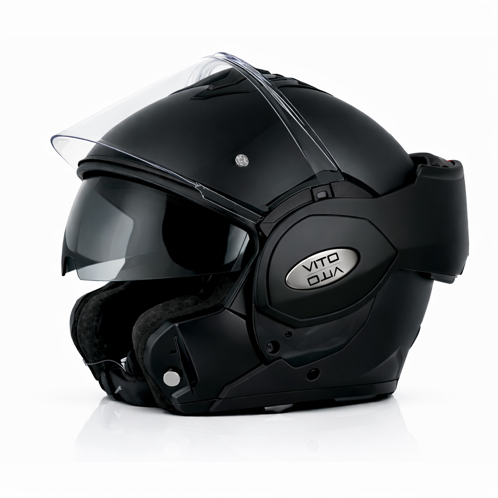 Vito flip-up reverse1 - AutoBike Black full-face motorcycle helmet with clear visor raised and VITO logo on the side. - AutoBike