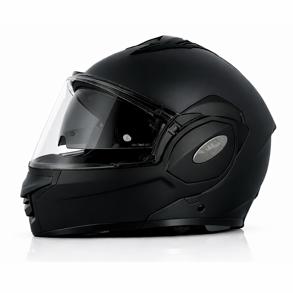 Vito flip-up reverse2 - AutoBike Black full-face motorcycle helmet with a clear visor and matte finish, showing aerodynamic design and side vents. - AutoBike