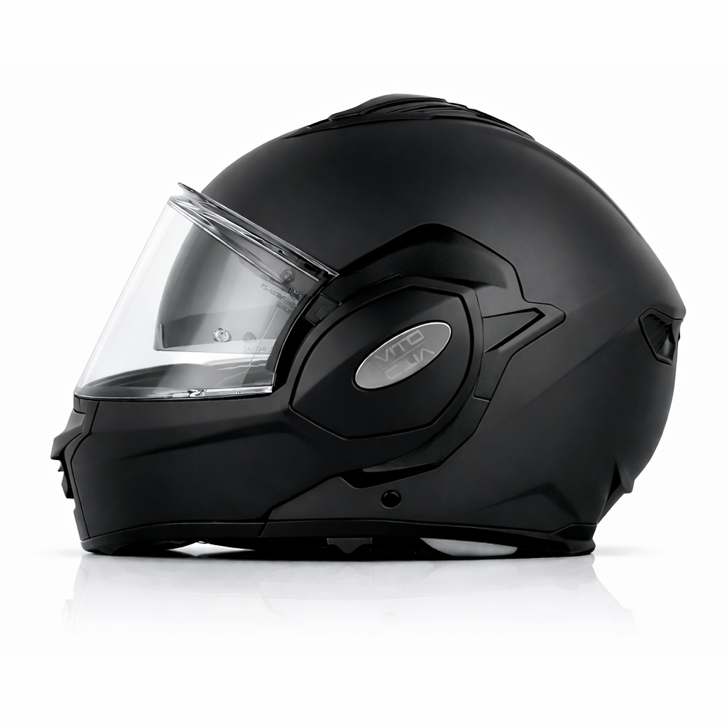 Vito flip-up reverse4 - AutoBike Full-face motorcycle helmet in matte black with a clear visor, shown from the side on a white background - AutoBike