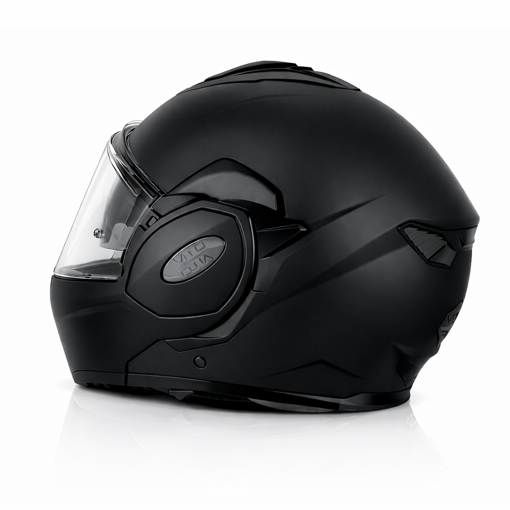 Vito flip-up reverse5 - AutoBike Black full-face motorcycle helmet with a clear visor, shown from the side. - AutoBike