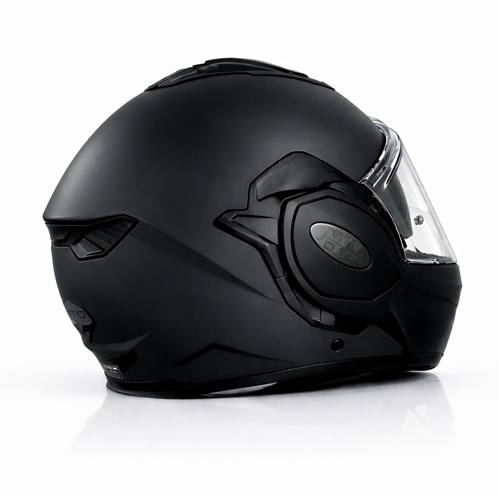 Vito flip-up reverse7 - AutoBike Black full-face motorcycle helmet with a clear visor, shown in side profile with aerodynamic vents and matte finish. - AutoBike