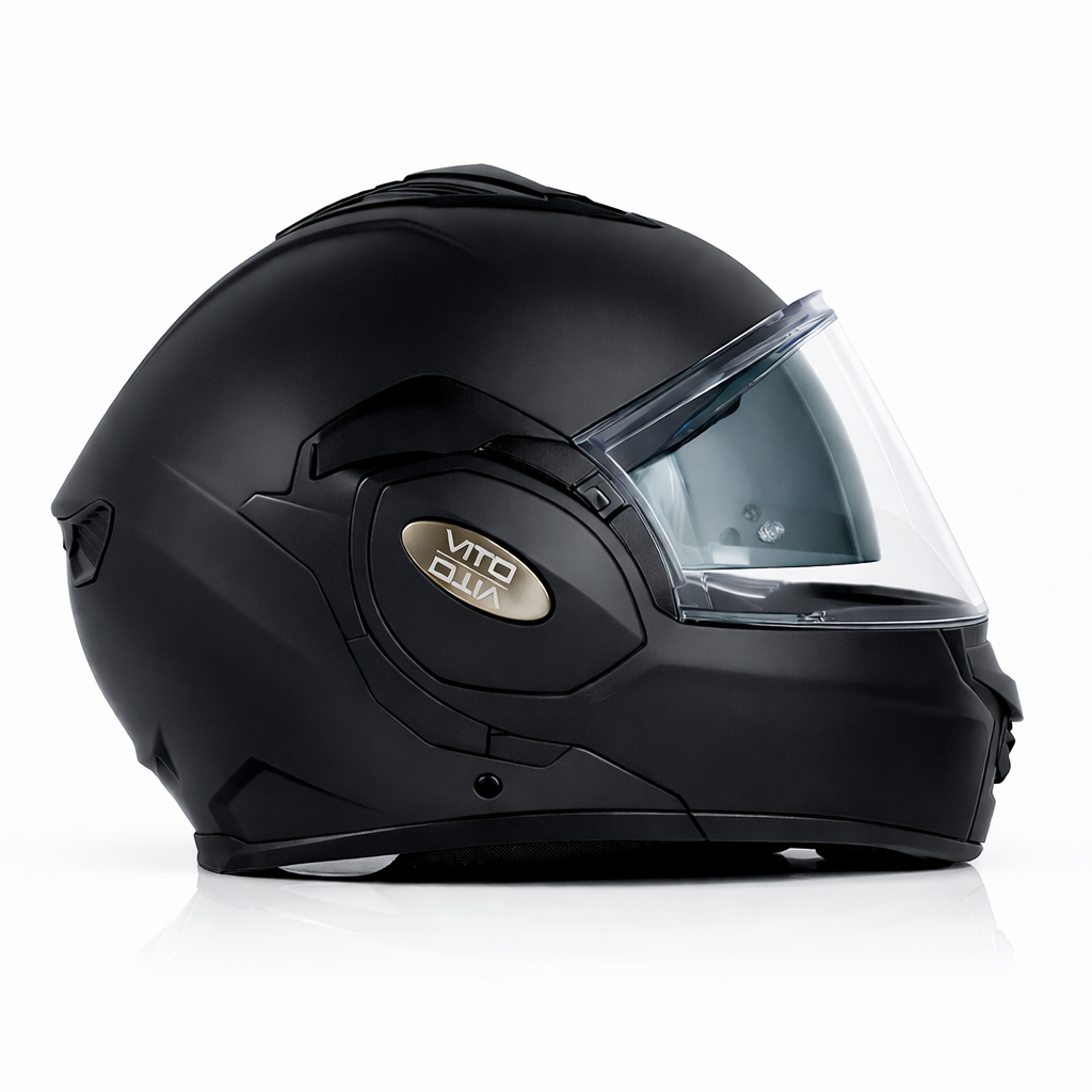 Vito flip-up reverse8 - AutoBike Black full-face motorcycle helmet with a clear, hinged visor, shown in side view. Brand badge visible on the temple area. - AutoBike