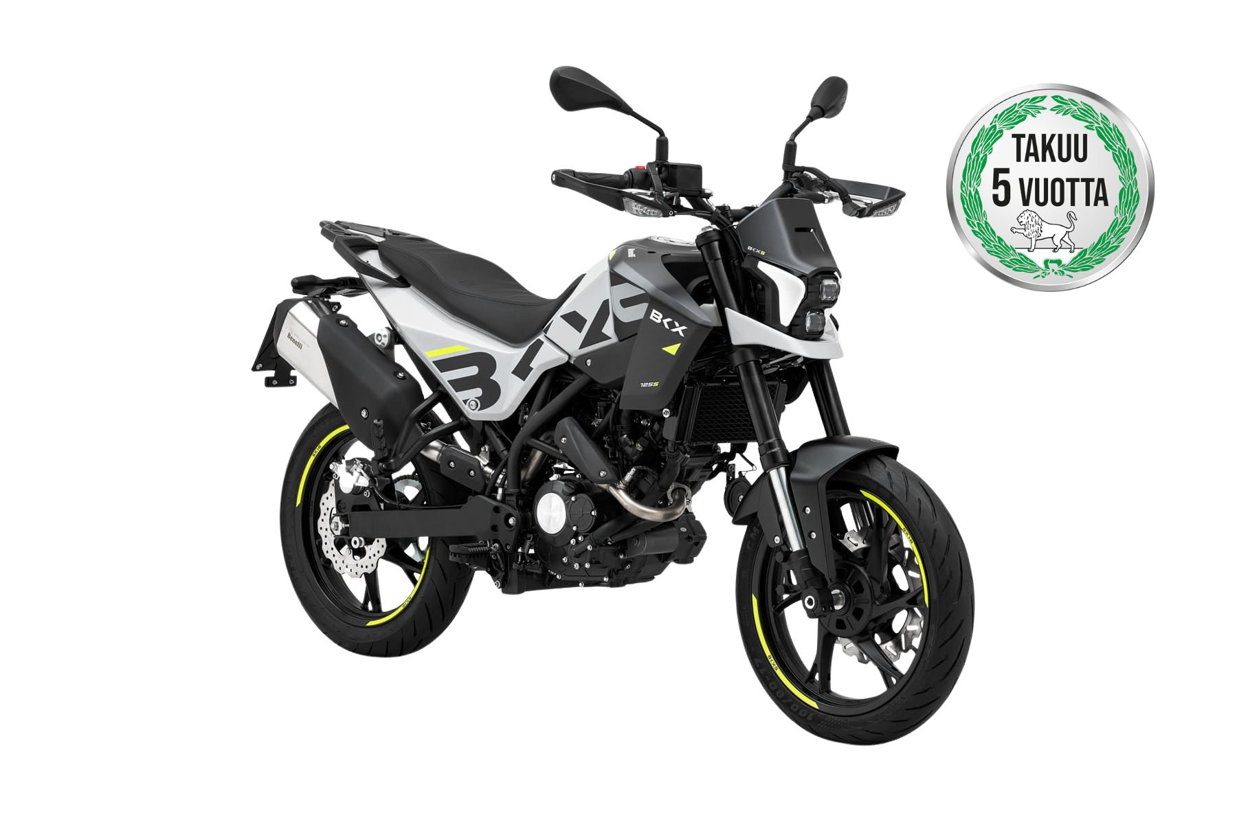 Benelli-bkx-125-s - AutoBike Side view of a gray and black motorcycle with neon-yellow rim accents and a circular 'TAKUU 5 VUOTTA' warranty badge on the right side of the image. - AutoBike