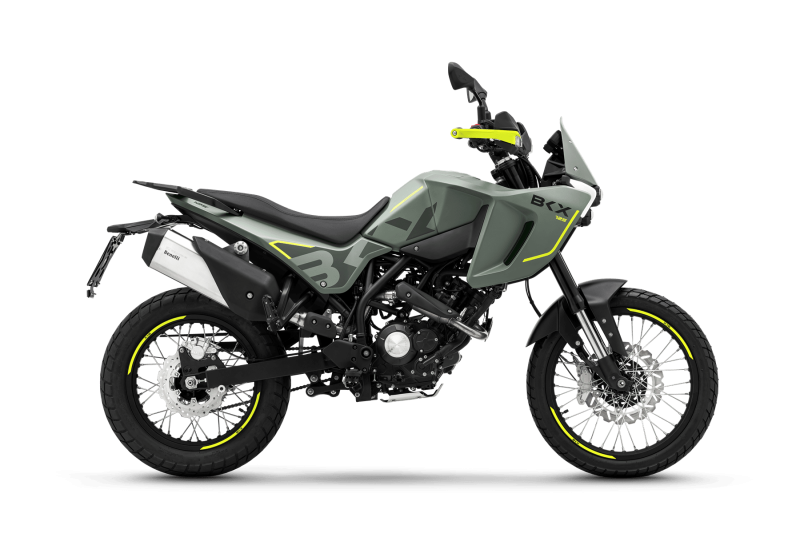 Benelli-bkx-125-s 6 - AutoBike Green and gray adventure motorcycle with neon yellow accents, knobby tires, and a high front fender, shown in profile. - AutoBike