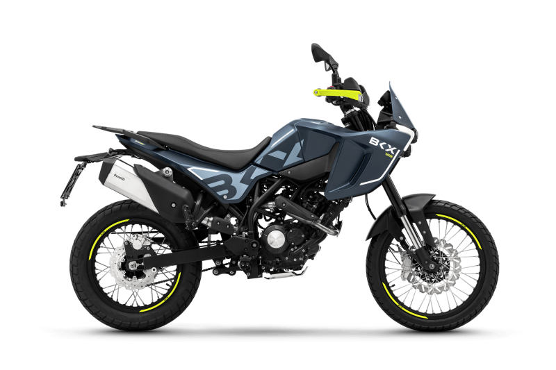 Benelli-bkx-125-s 7 - AutoBike Side view of a blue and black adventure motorcycle with neon yellow accents and exposed engine. - AutoBike