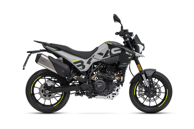 Benelli-bkx-125-s 7 - AutoBike Side view of a black-gray sport motorcycle with neon yellow accents and an exposed engine. - AutoBike