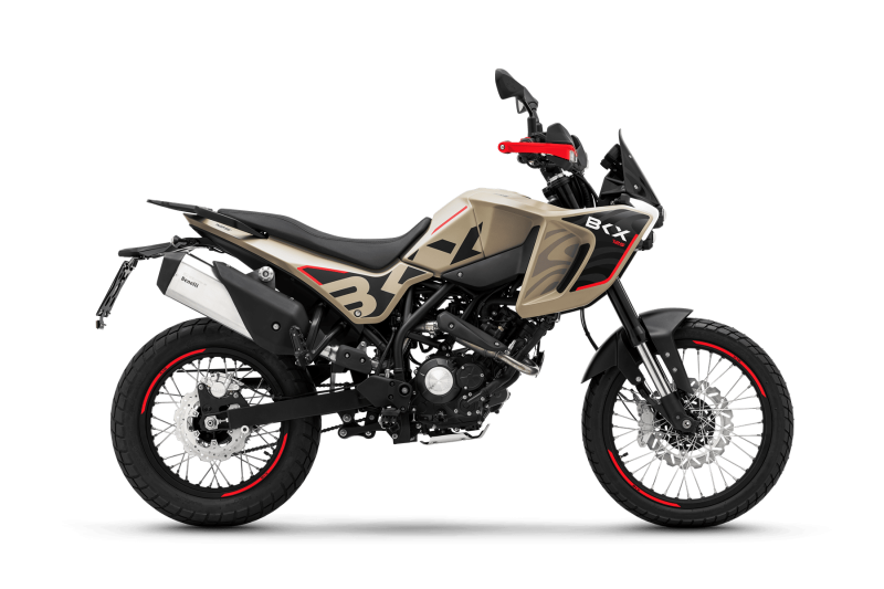 Benelli-bkx-125-s 8 - AutoBike Side profile of a beige off-road motorcycle with red accents and black frame, showing knobby tires and a high front fender - AutoBike