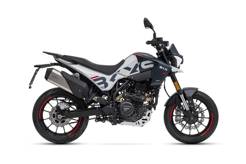 Benelli-bkx-125-s 9 - AutoBike Side view of a black, white, and gray sport motorcycle with red accents and 'BKX' branding on the fairing against a white background. - AutoBike