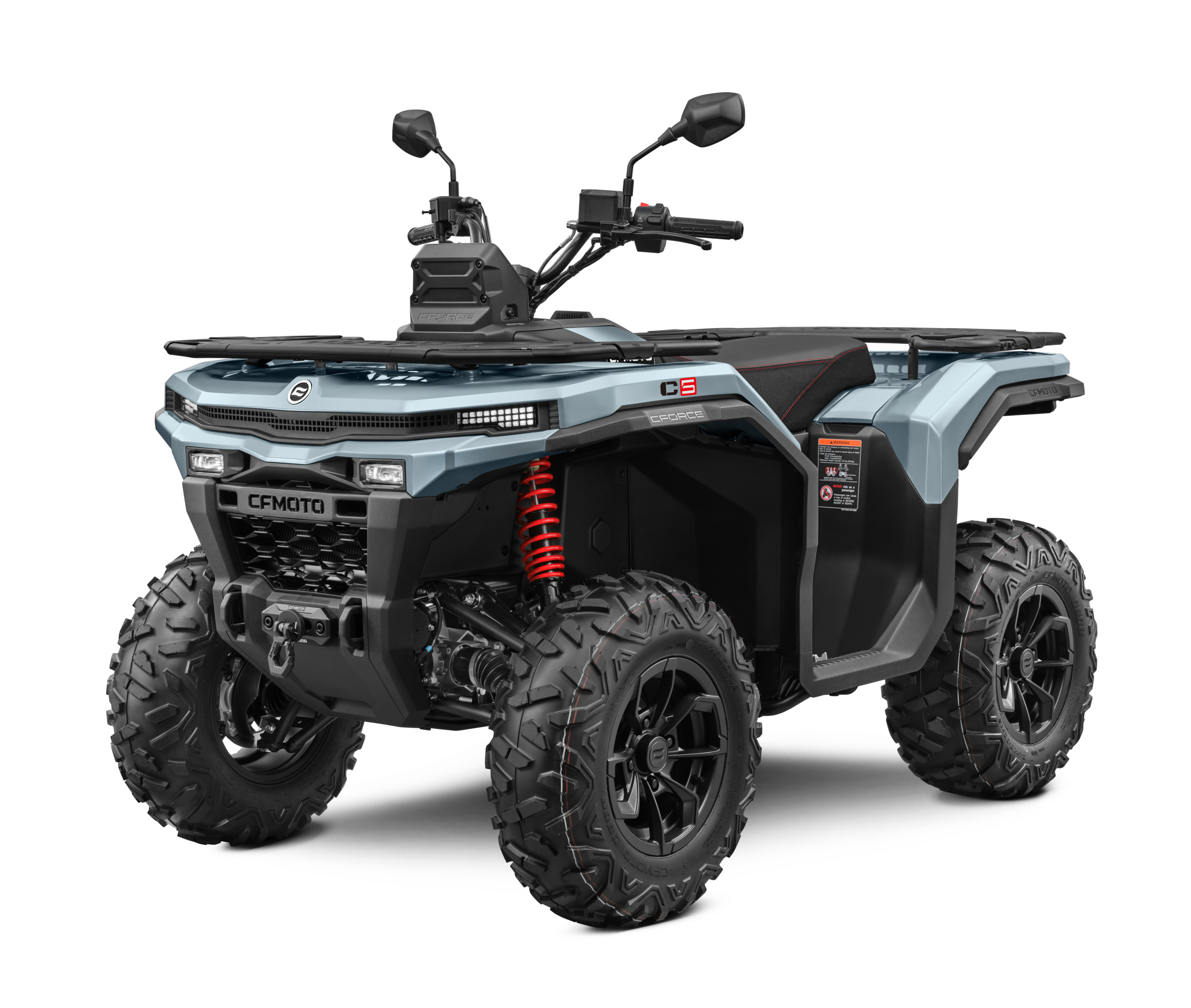 CFORCE-C5_Gedanite-Grey_Left-45-scaled - AutoBike Front view of a blue CFMOTO ATV with rugged off-road tires, handlebars, and mirrors visible. - AutoBike