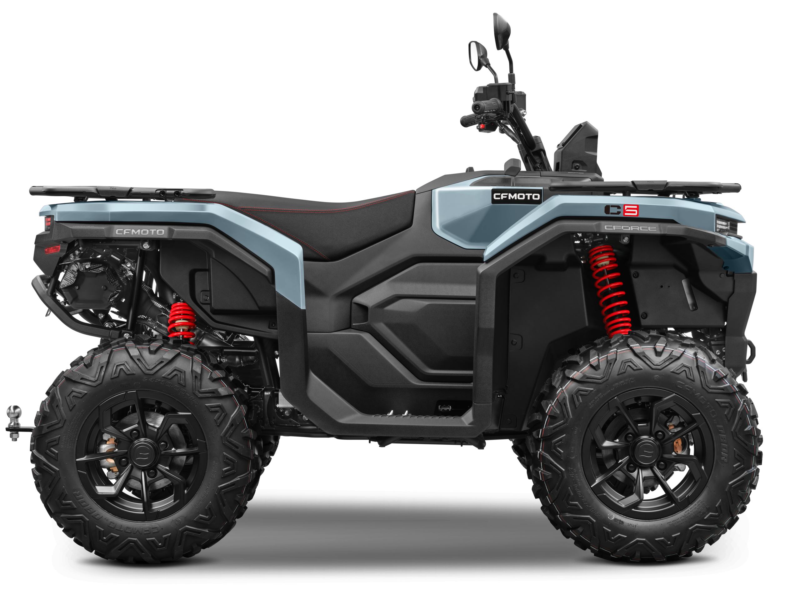 CFORCE-C5_Gedanite-Grey_Right-scaled - AutoBike Side view of a rugged all-terrain vehicle (ATV) with large knobby tires, blue-gray body, red suspension springs, and dual handlebars/shifter visible. - AutoBike