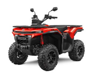 Red CFMOTO ATV with rugged off-road tires and black frame, shown from a front-side angle.