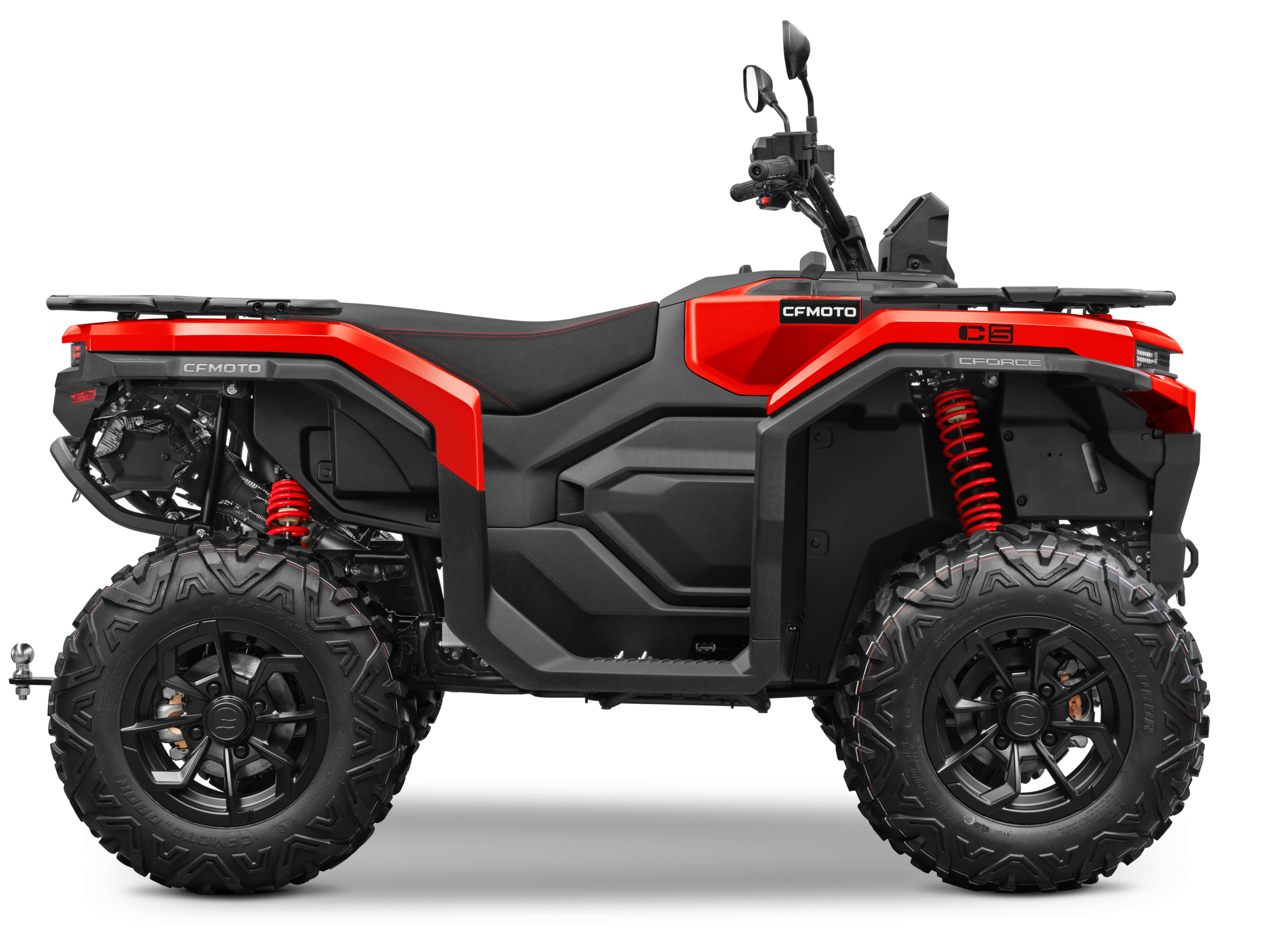 CFORCE-C5_Magma-Red_Right-scaled - AutoBike Red CFMOTO CFORCE ATV with black frame, oversized off-road tires, and visible red suspension springs. - AutoBike