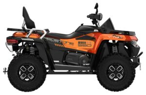 Orange and black off-road utility vehicle (UTV) with large knobby tires and rear cargo rack, side profile.