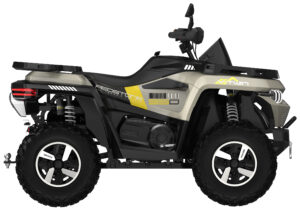Rugged all-terrain vehicle (ATV) with large knobby tires and beige-black body, side view.