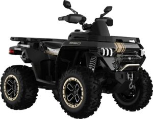 Black all‑terrain quad bike with oversized off‑road tires, front bumper, and winch on a rugged frame.