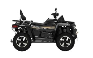 Black all-terrain vehicle (ATV) with large off-road tires, side graphics reading REDSTONE, shown in side view.